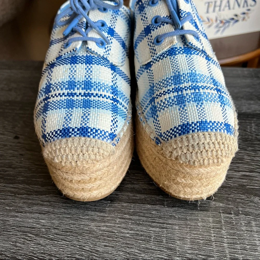Tory Burch Florence Blue Plaid Platfrom Lace Up Espadrilles US6.5 Used Once!!